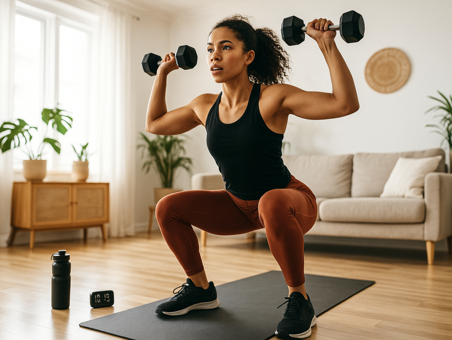 A young woman with braided hair is in a gym setting, wearing a black sports bra and brown leggings. She appears to be conversing with or listening to people around her. The background shows people engaged in a fitness environment, with gym equipment and motivational chalk writings on the wall.